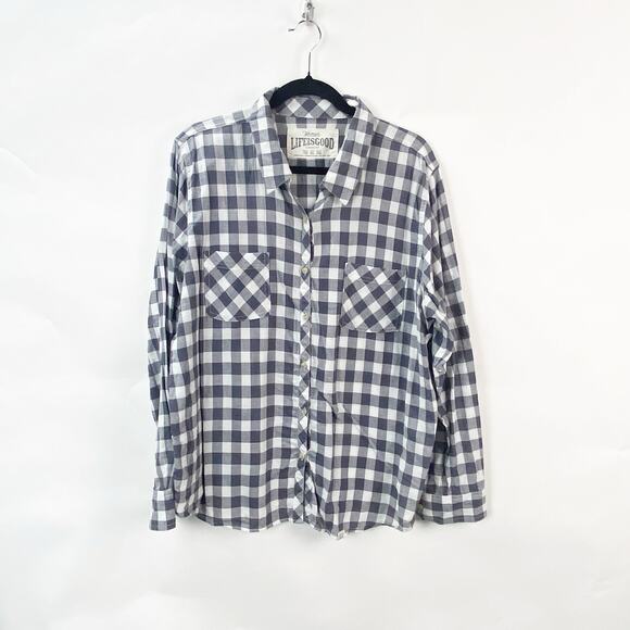 Life is Good XL Womens Gray White Plaid Check Button-Front Shirt Top - Picture 1 of 9
